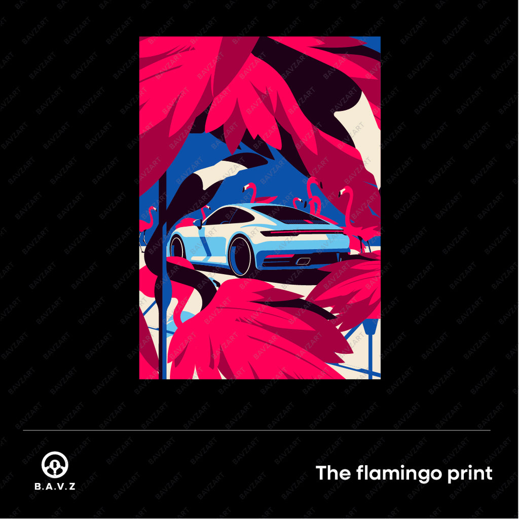 Embrace the perfect blend of vintage car aesthetics and tropical vibes with our 992 Porsche art print starring a flamingo.