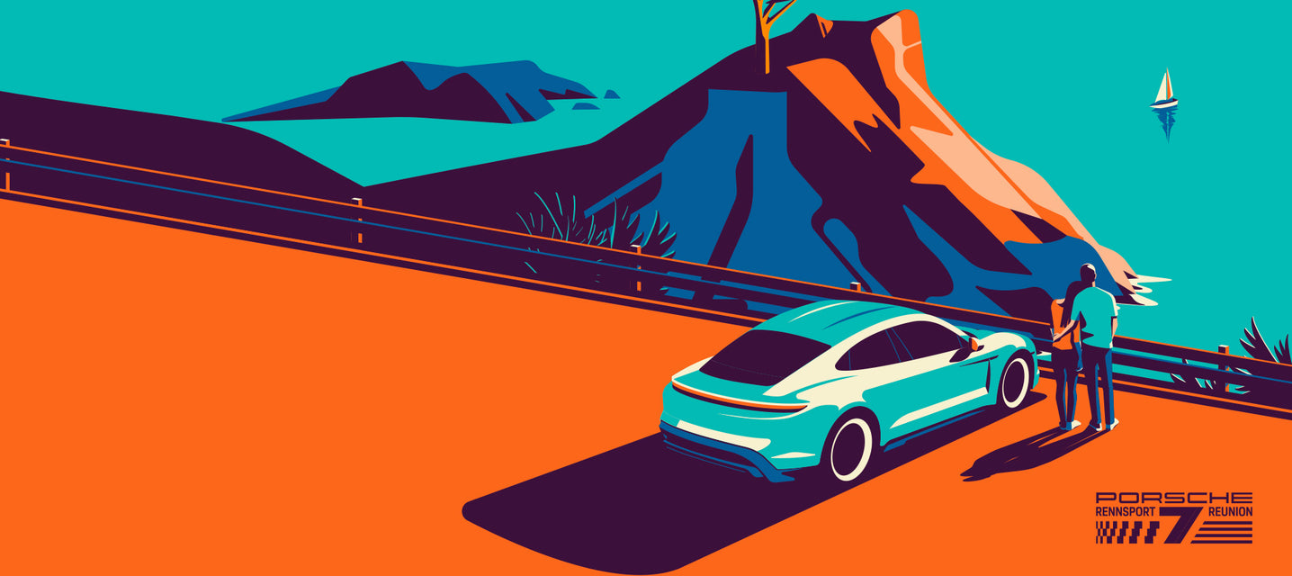 Poster design by bavz for Rennsport Reunion, 16 mile drive monterey with Porsche Taycan   