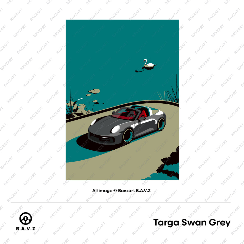 Elegant sports car driving through serene landscape with a swan in the distance