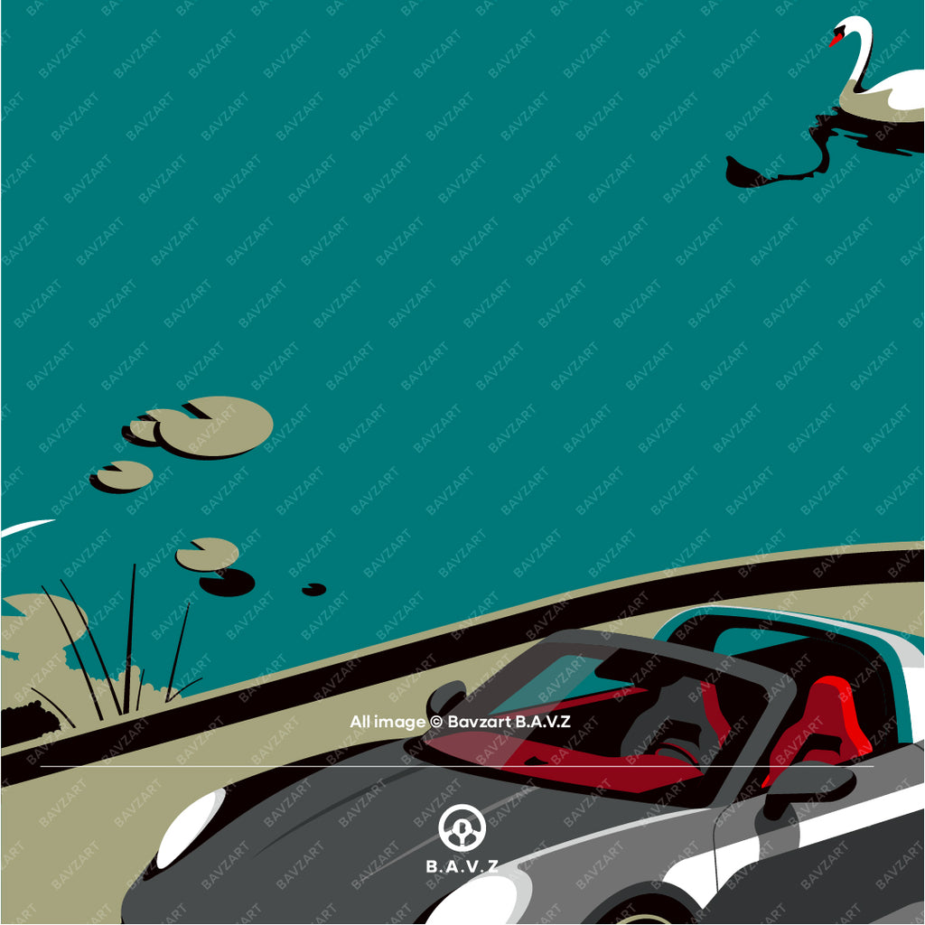 Artistic depiction of porsche car and nature scene with swan
