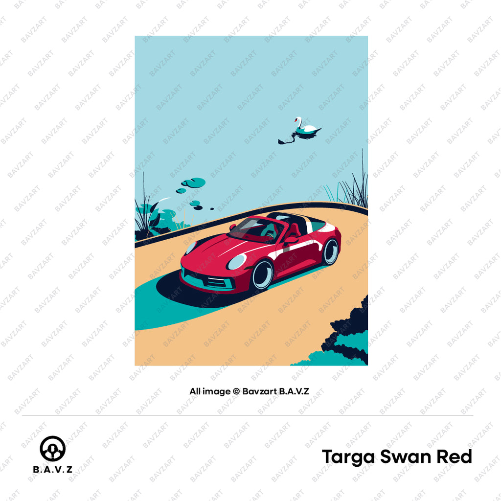 Swan flying gracefully over Porsche Targa on scenic drive red targa
