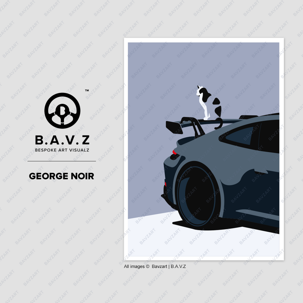 cat sitting on a black porsche rear spoiler