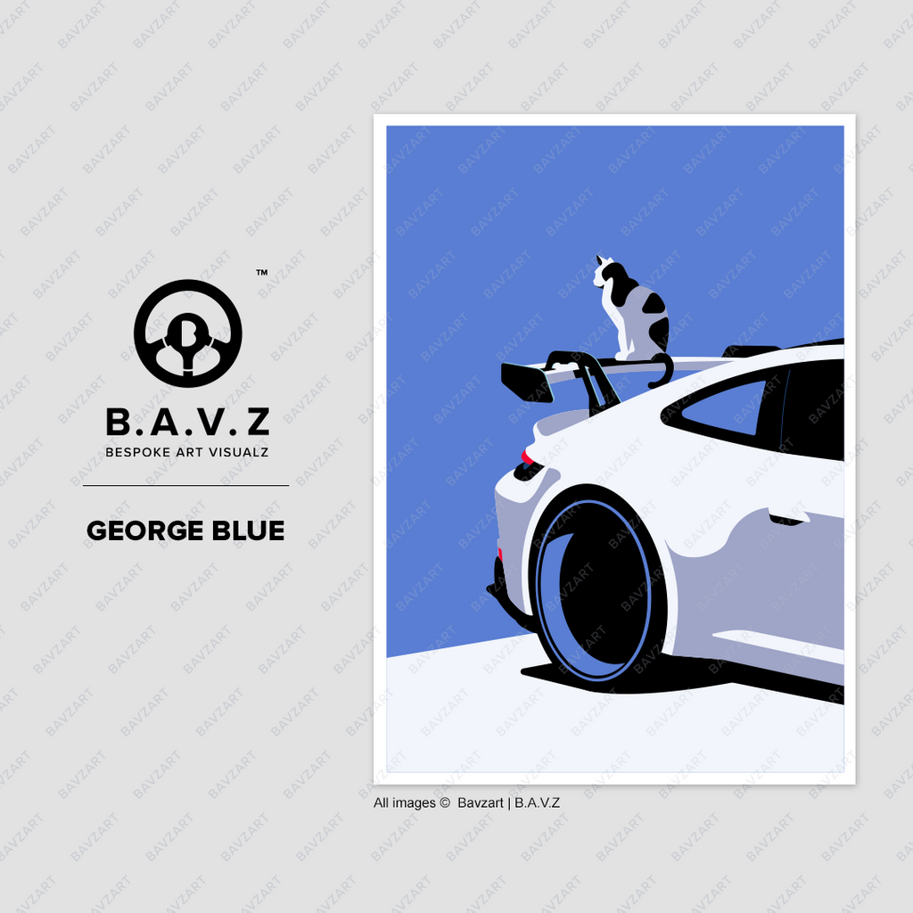 cat sitting on a white porsche artwork by bavz