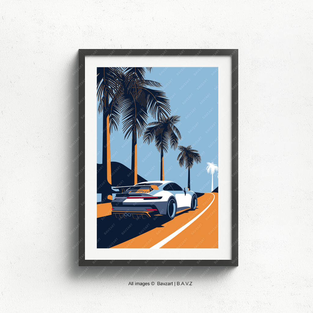 Artwork of a 992 GT3 speeding past palm trees under a vibrant sky.