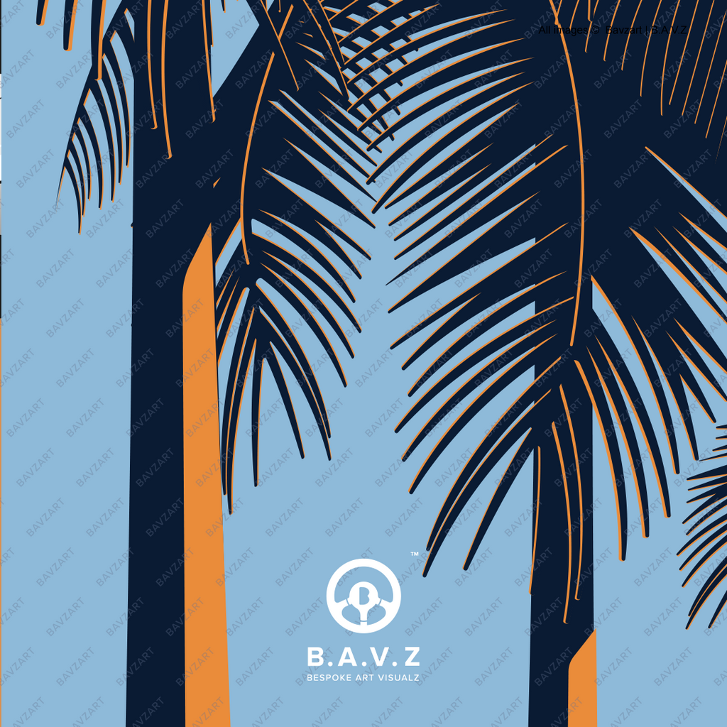 Colorful illustration of a 992 GT3 speeding along a road lined with palm trees.