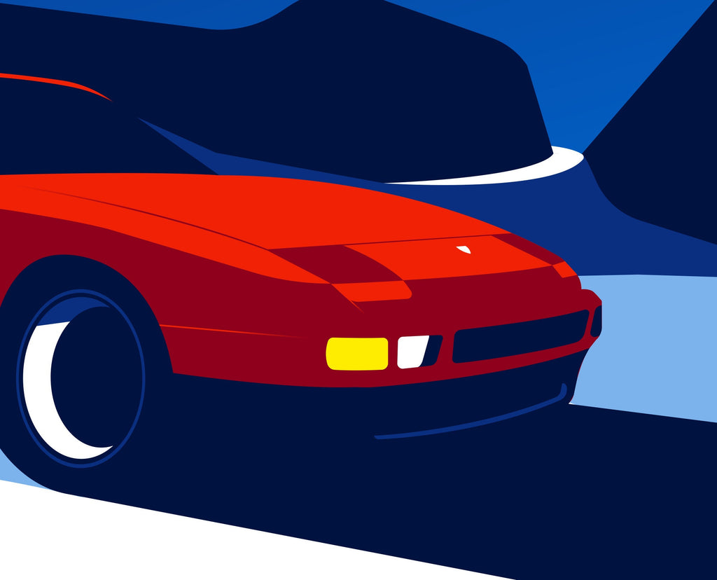 Immerse yourself in the beauty of winter as a Porsche 944 effortlessly glides through the snowy terrain