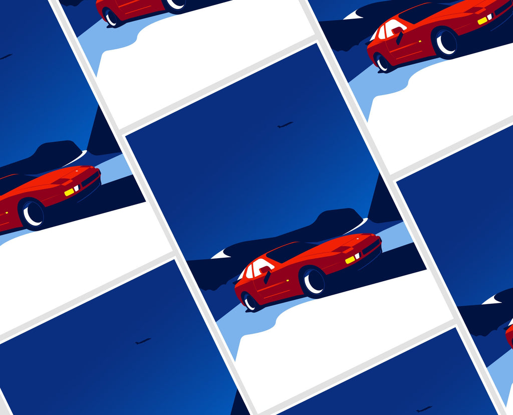 Feel the excitement of a vintage car adventure as a Porsche 944 elegantly traverses the snow-covered landscape