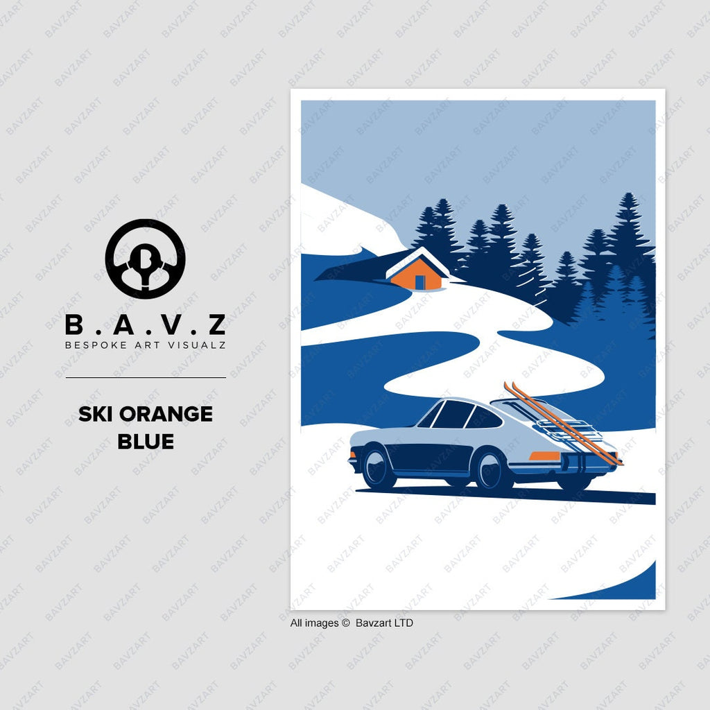 Porsche 911 ski orange blue wall art