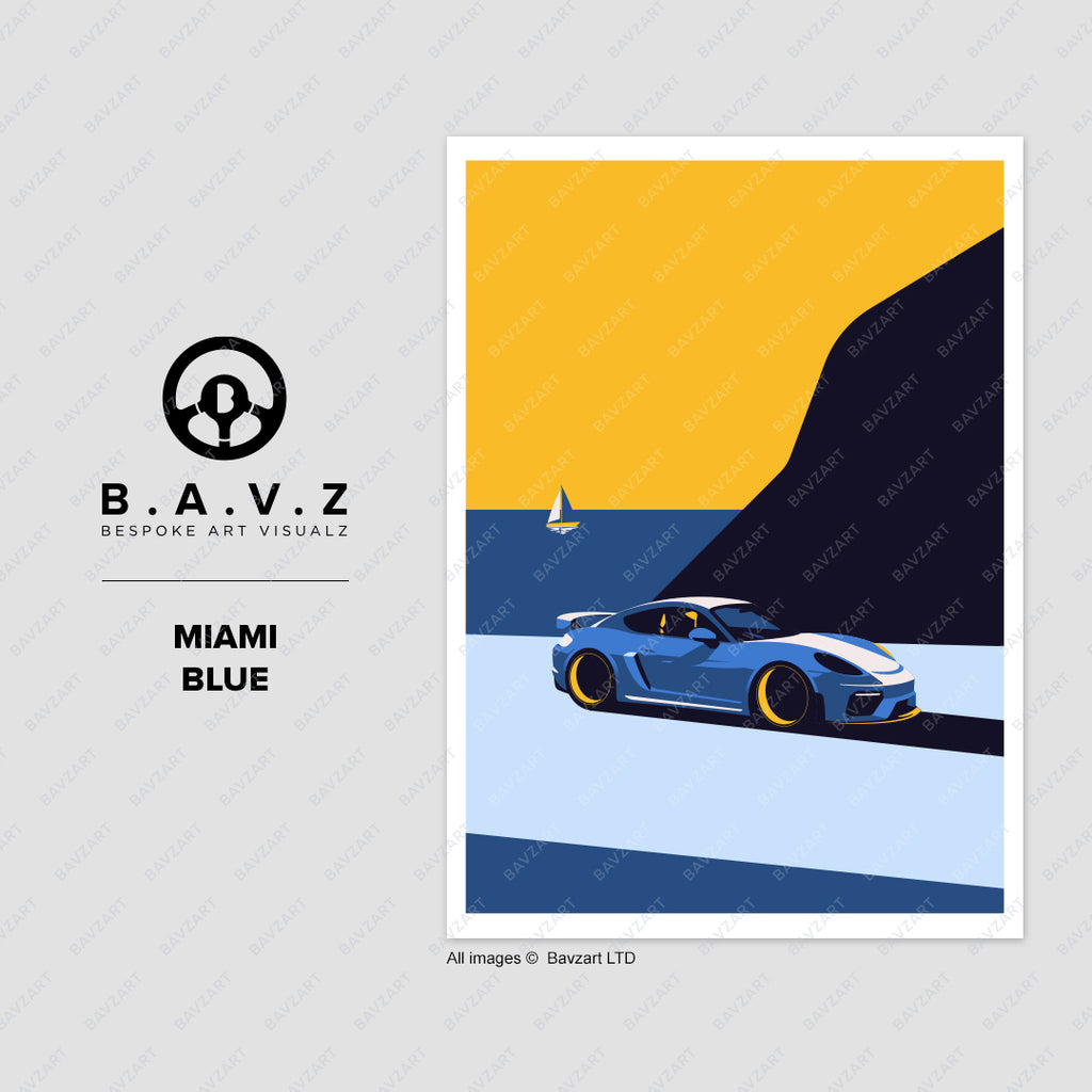 Porsche cayman GT4 miami blue wall art