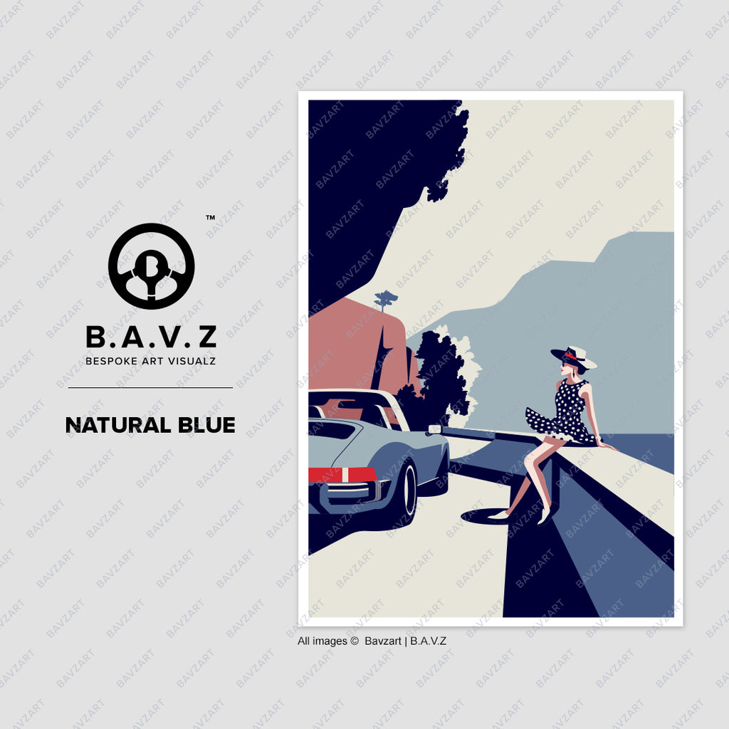 Lady and her Porsche Targa natural blue wall art