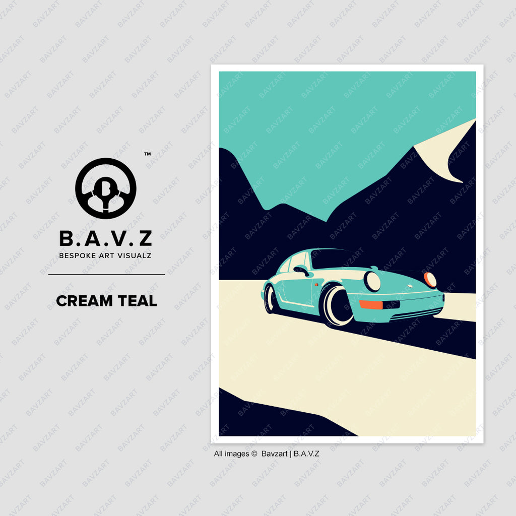 Go follow Porsche 964 cream teal wall art
