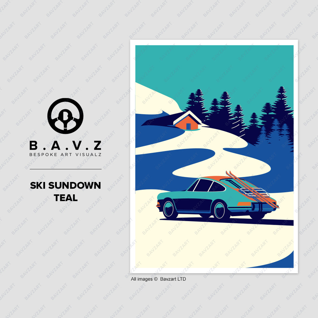 Porsche 911 ski sundown teal wall art