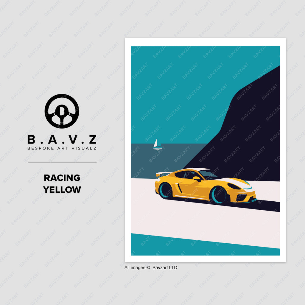 Porsche cayman GT4 racing yellow wall art