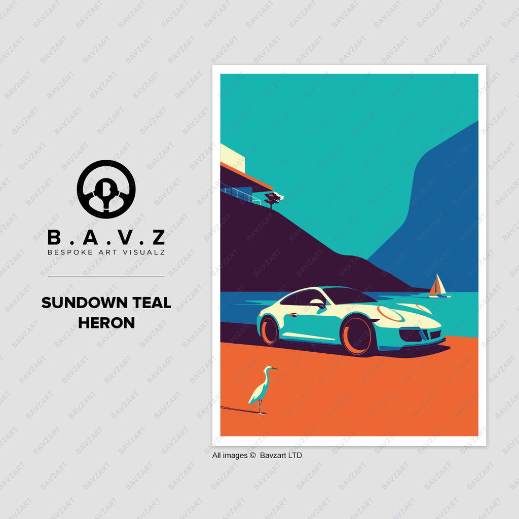Porsche sundown teal heron wall art