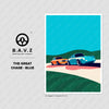 Minimalist automotive illustration of vintage Alfa Romeo and Porsche driving on a curved road