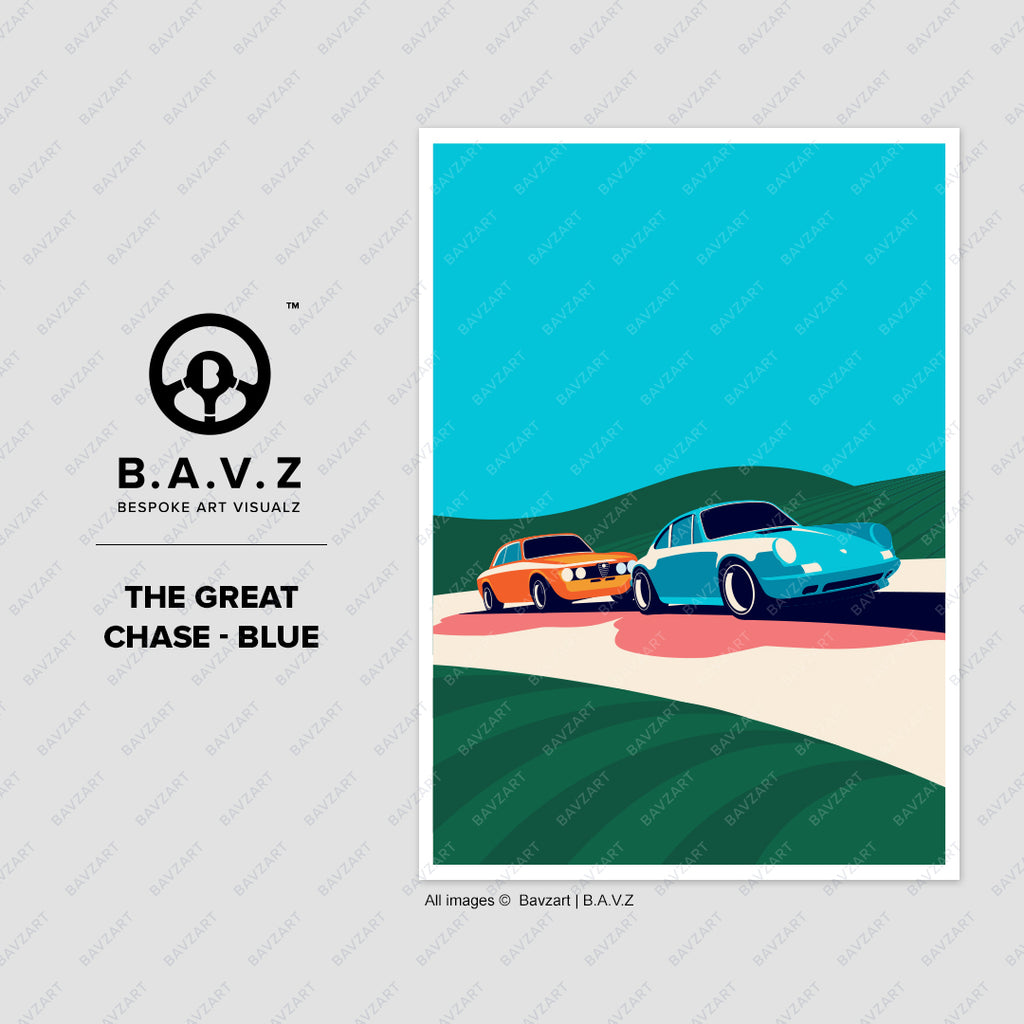 Minimalist automotive illustration of vintage Alfa Romeo and Porsche driving on a curved road