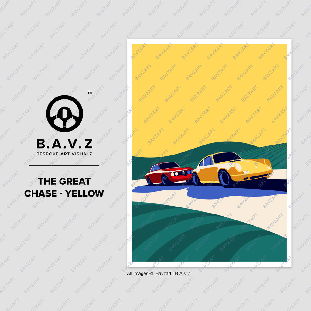 Retro style artwork showing a classic Alfa Romeo pursuing a Porsche through rolling green hills