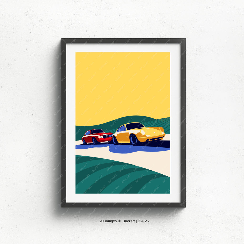 Mid-century inspired poster art featuring an Alfa Romeo chasing a Porsche in the countryside