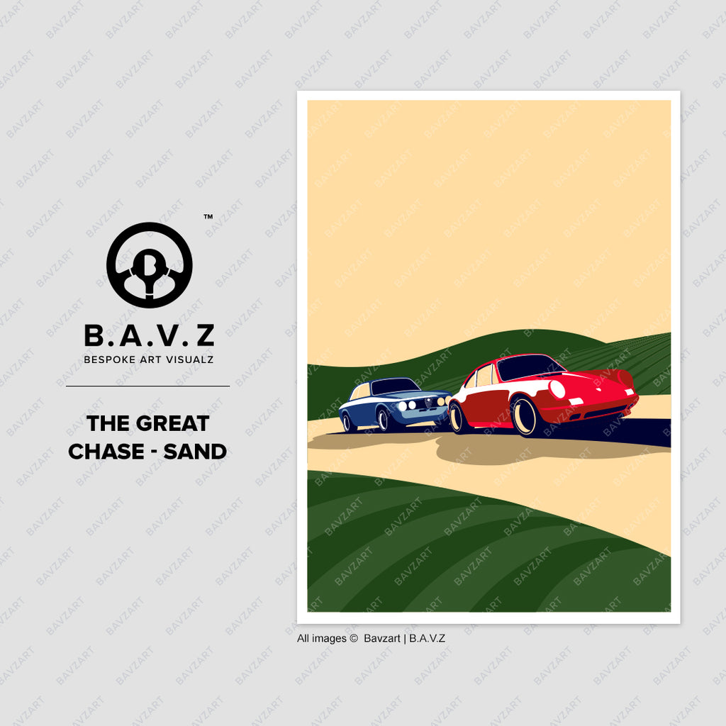 llustration of an blue Alfa Romeo chasing a red Porsche on a winding countryside road