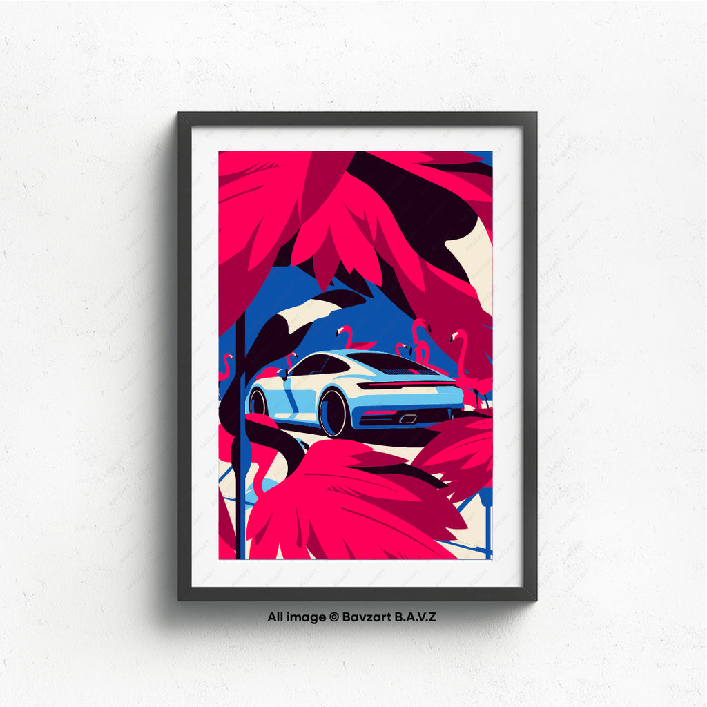Coastal charm meets automotive elegance with our 992 Porsche art print featuring a graceful flamingo