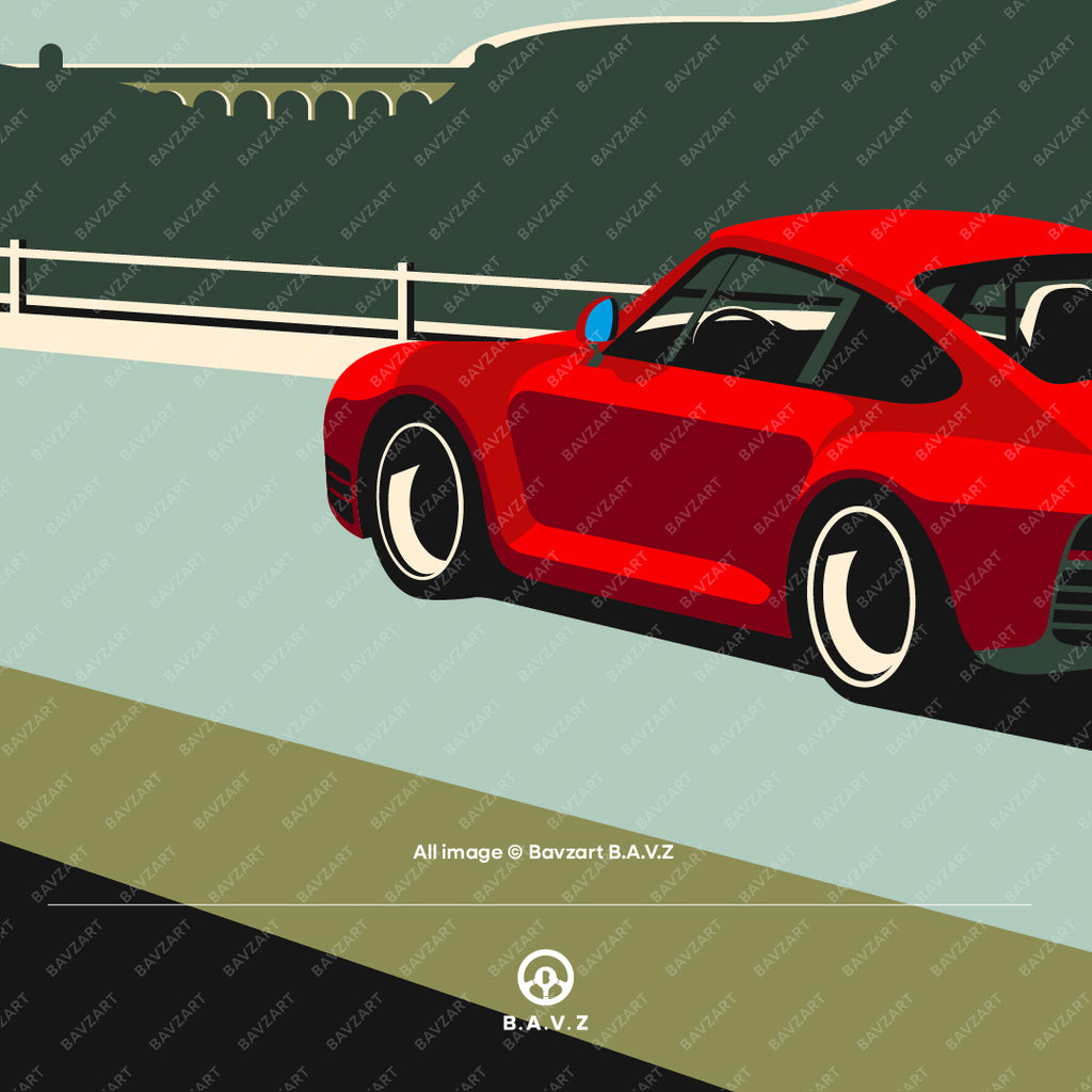 Viaduct Bridge Landscape: Porsche 959 Classic Car Art Print