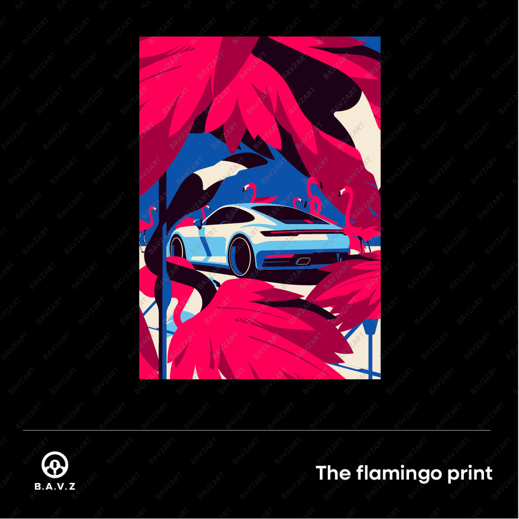Embrace the perfect blend of vintage car aesthetics and tropical vibes with our 992 Porsche art print starring a flamingo.