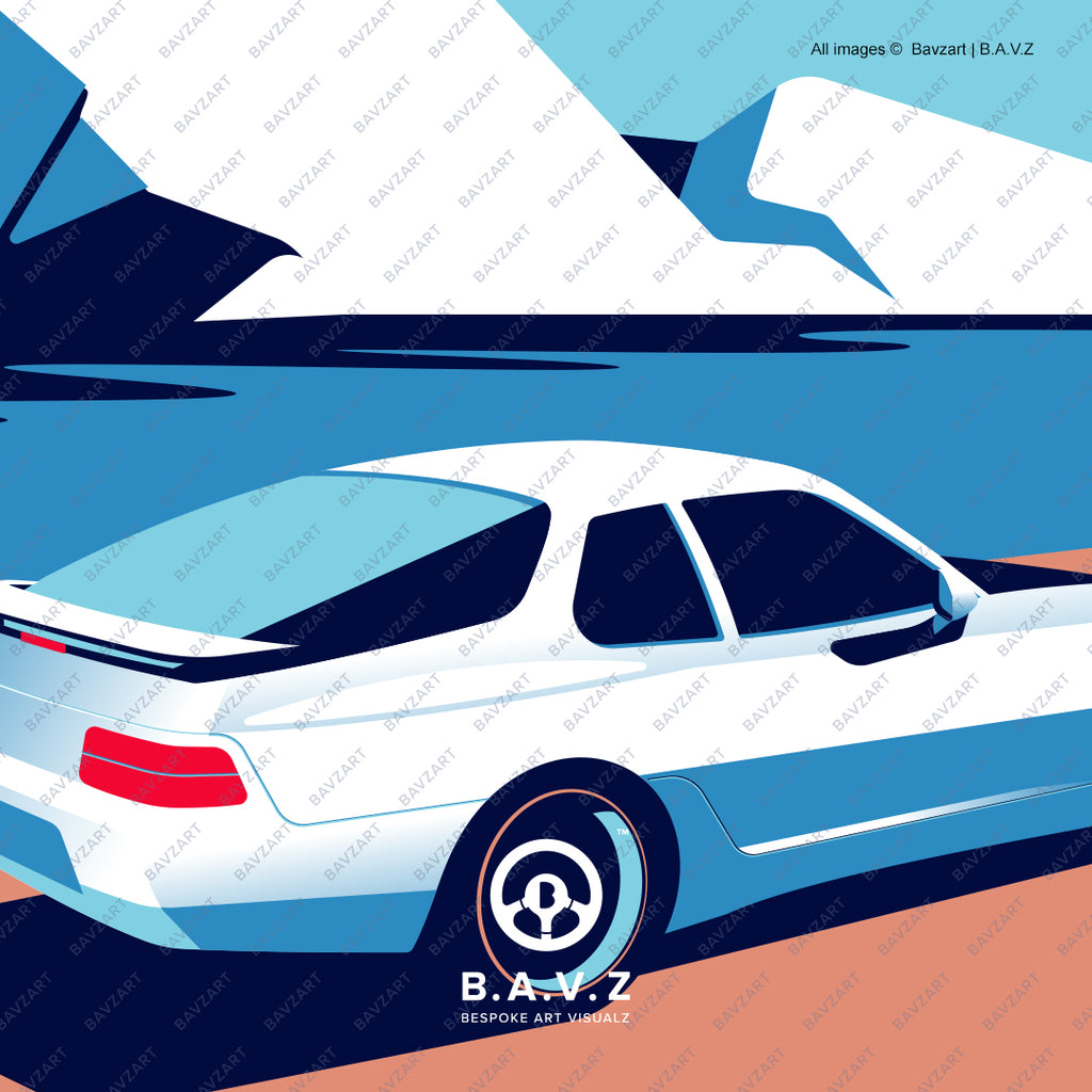 Porsche 968 digital art print with snow-covered scenery and high-contrast graphic elements