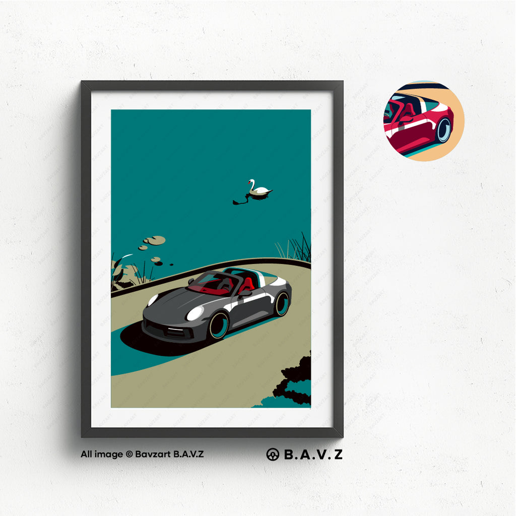 Illustration of Porsche Targa with convertible top down artwork by bavz