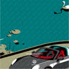 Artistic depiction of porsche car and nature scene with swan 