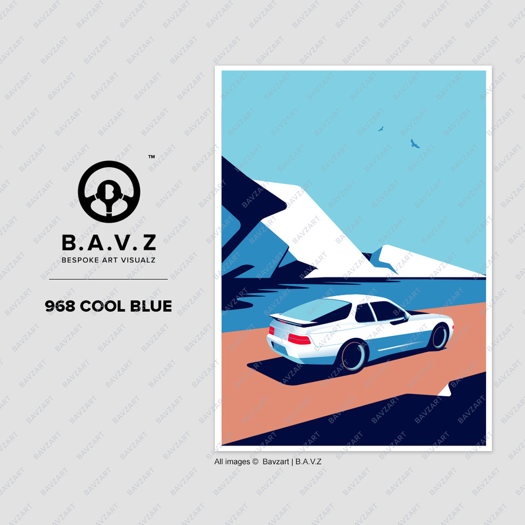 Modern graphic artwork of a Porsche 968 on icy terrain with bold colors and clean geometric design