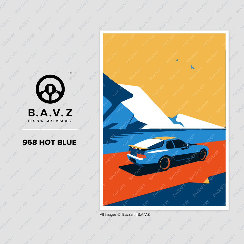 Minimalist automotive wall art featuring a blue Porsche 968 on a winter road.