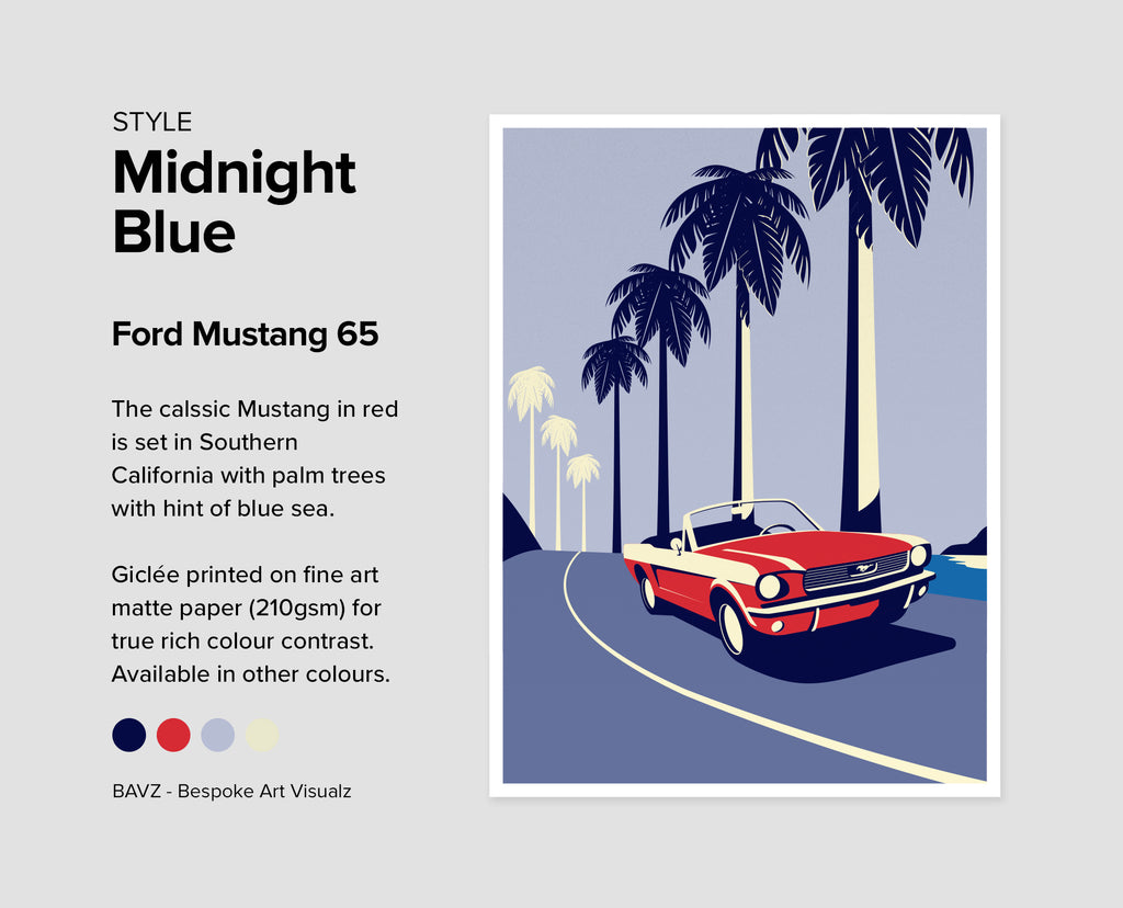 California dreaming Ford Mustang 65 - midnight blue wall art