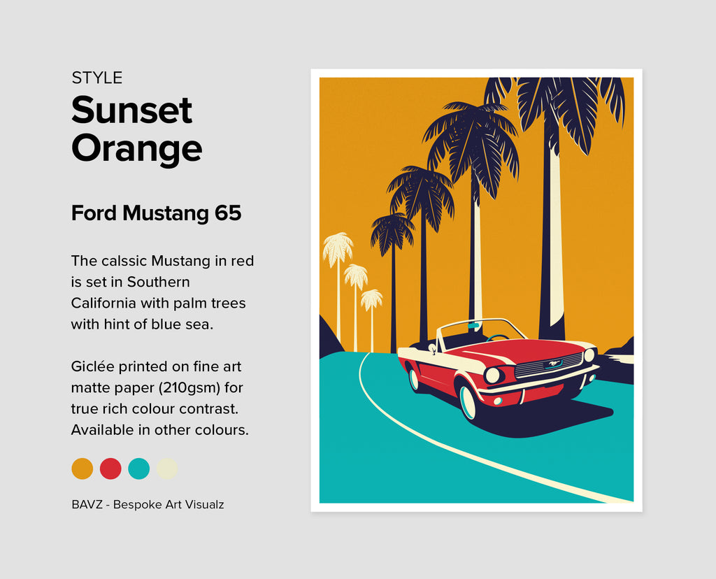 California dreaming Ford Mustang 65 - sunset orange wall art