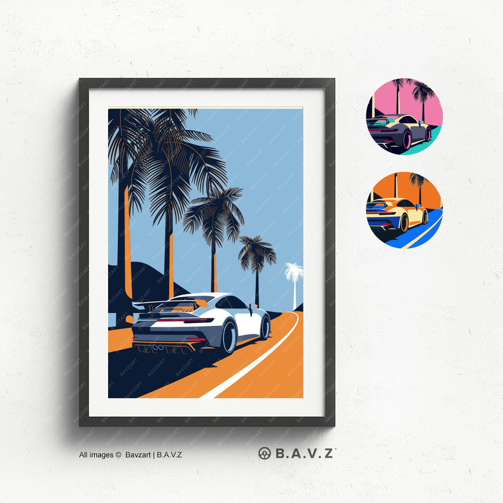 Exhilarating image of a 992 GT3 cruising by towering palm trees under a bright sky.