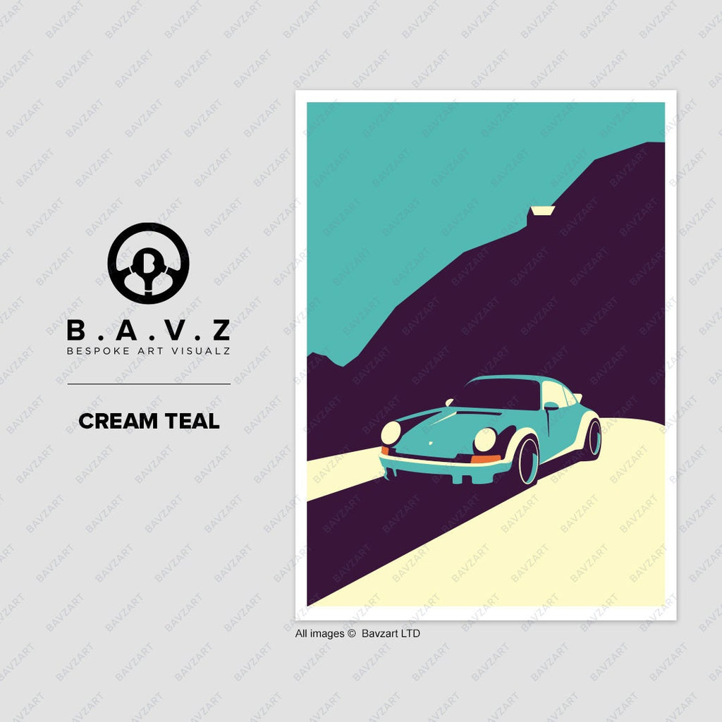 Going for a drive in my Porsche 911 cream teal wall art