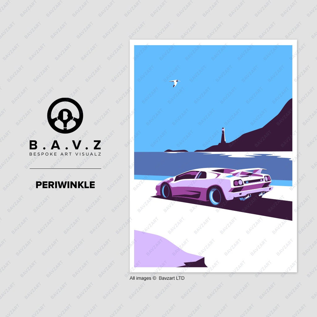 Lamborghini Diablo driving by lighthouse periwinkle