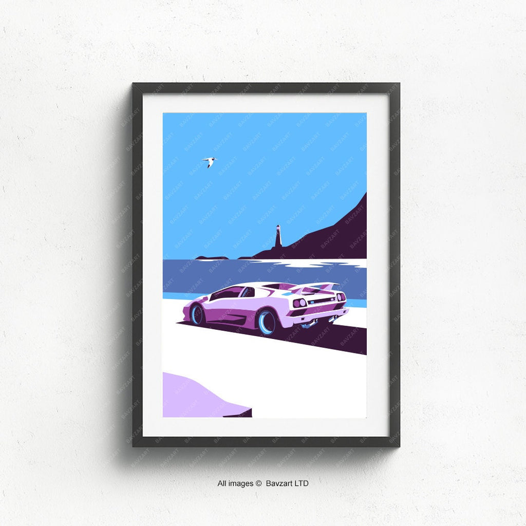 Lamborghini Diablo driving by lighthouse wall art