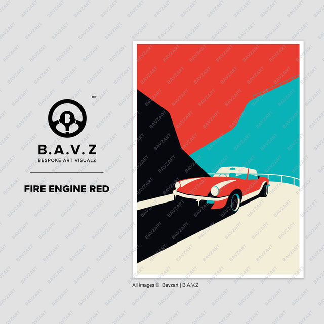 Cliff in my Triumph Spitfire - fire engine red wall art