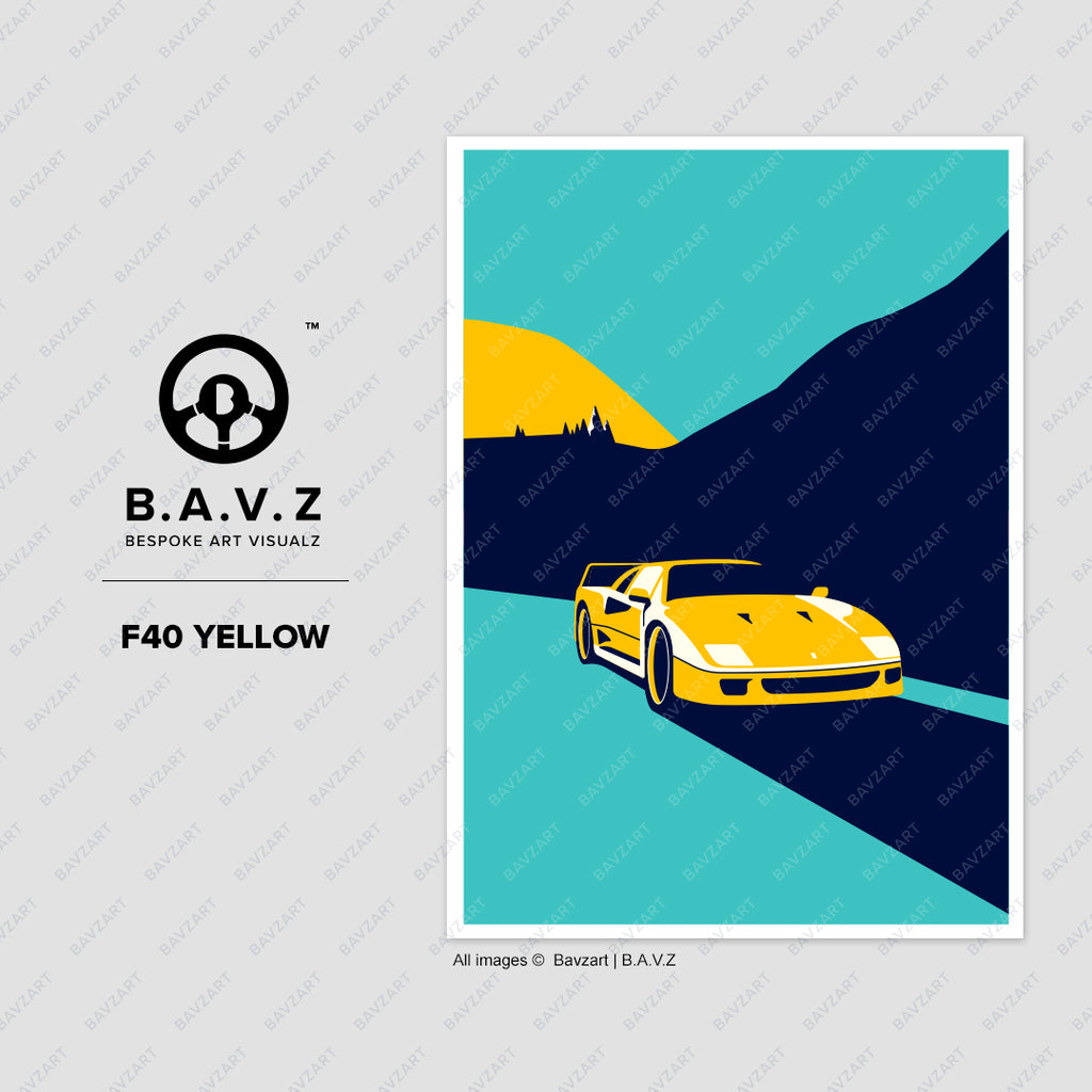 Ferrari F40 coming at you - f40 yellow car art