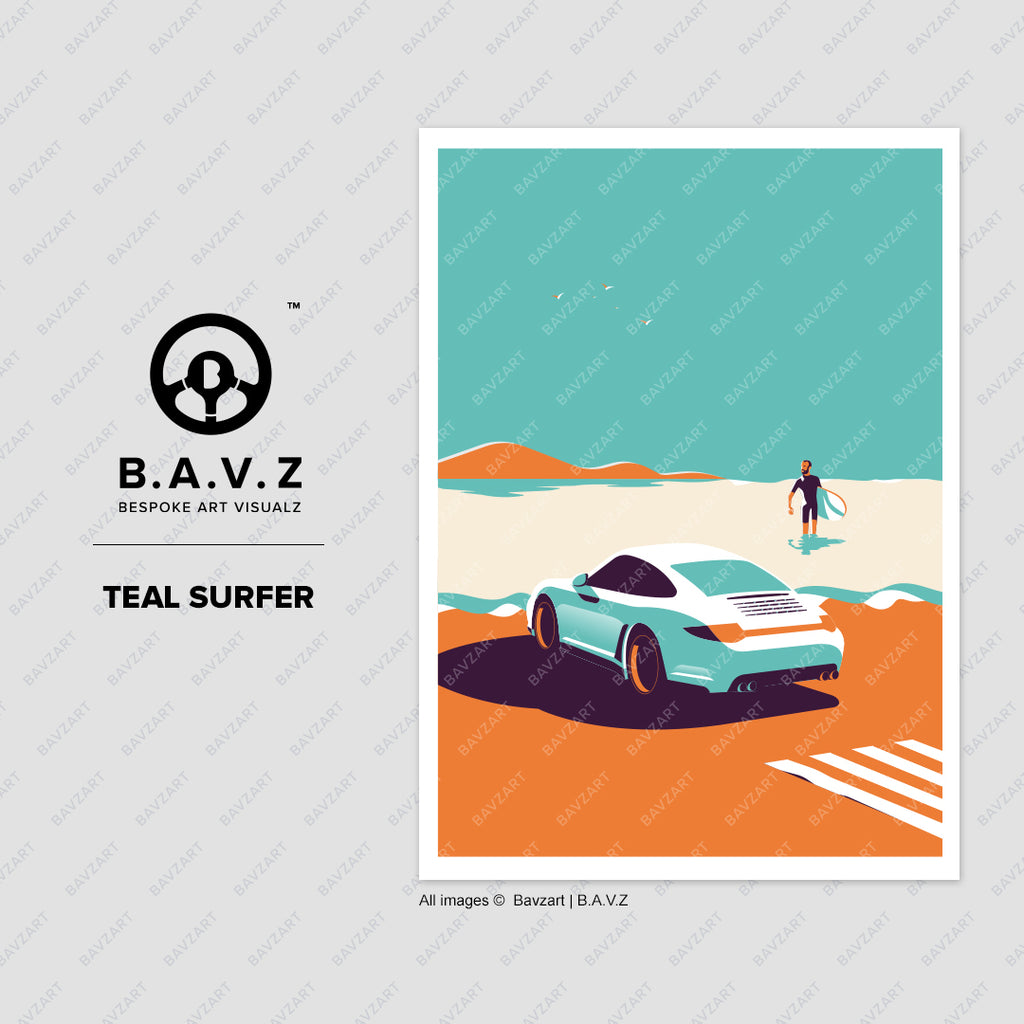 The Porsche 997 teal surfer wall art